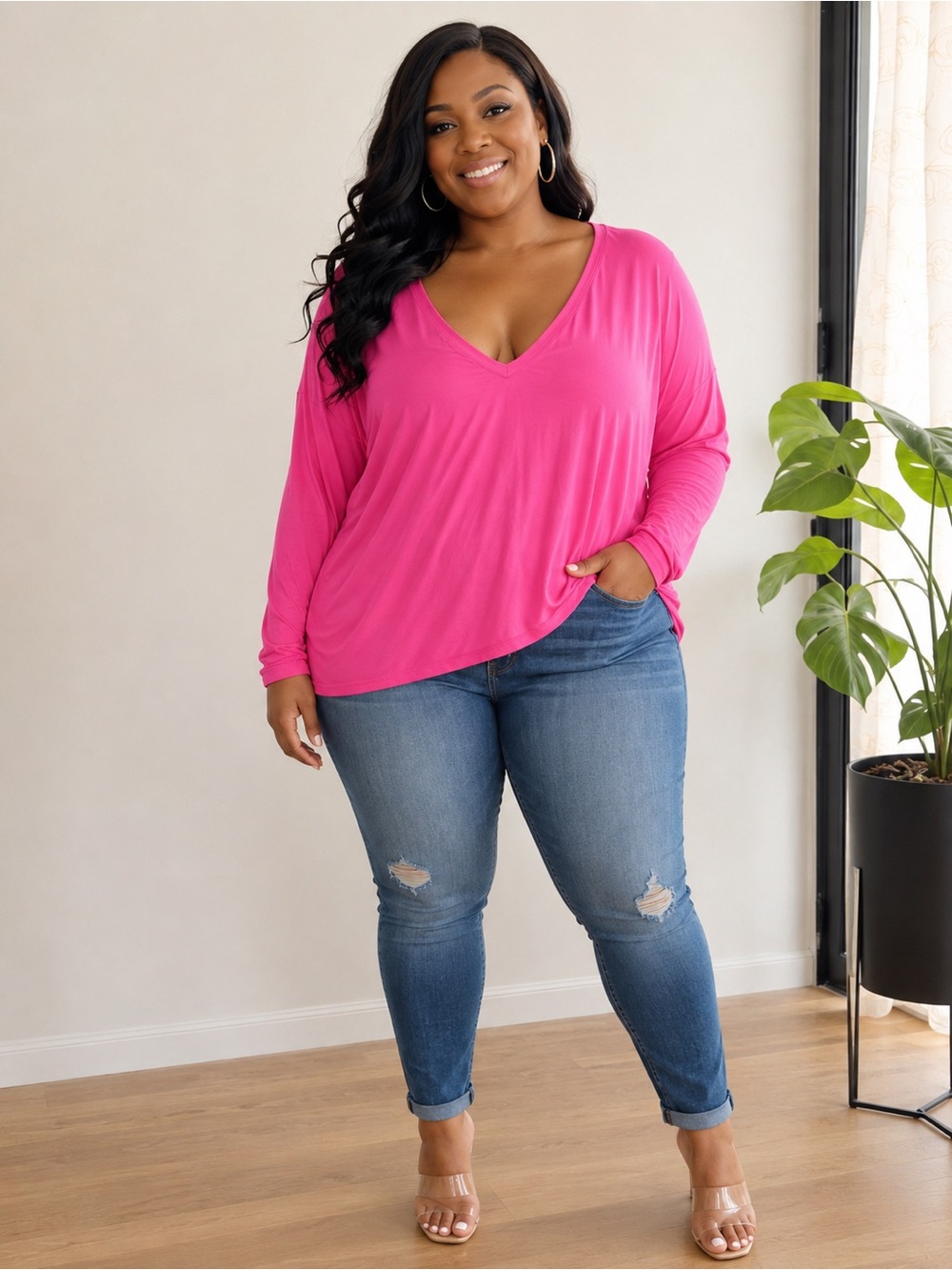 Lane Bryant Fuchsia Pink V-Neck Long Sleeve Relaxed Knit Top Plus Size 22/24